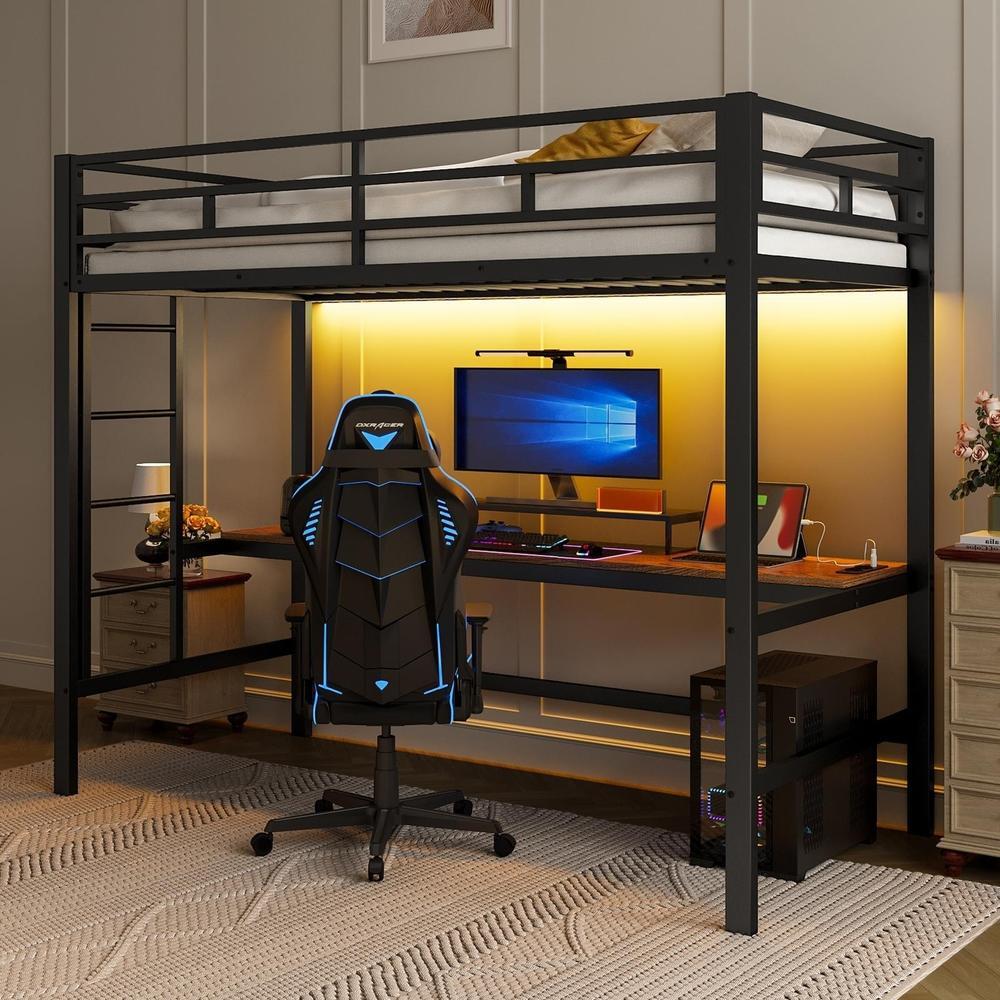 Cama loft 90x200cm negra con escritorio, usb-c, enchufe y LED