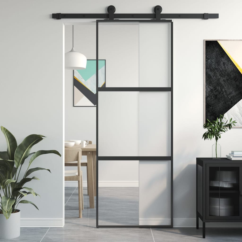 Puerta corredera vidrio templado y aluminio negra 76x205 cm esxt2129