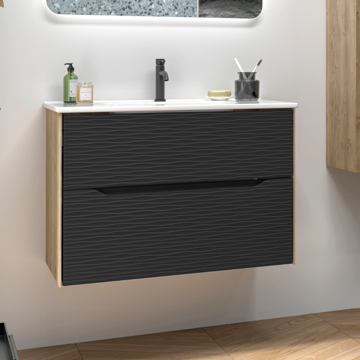 Mueble baño suspendido con lavabo cerámico | roble natural - negro | 100cm
