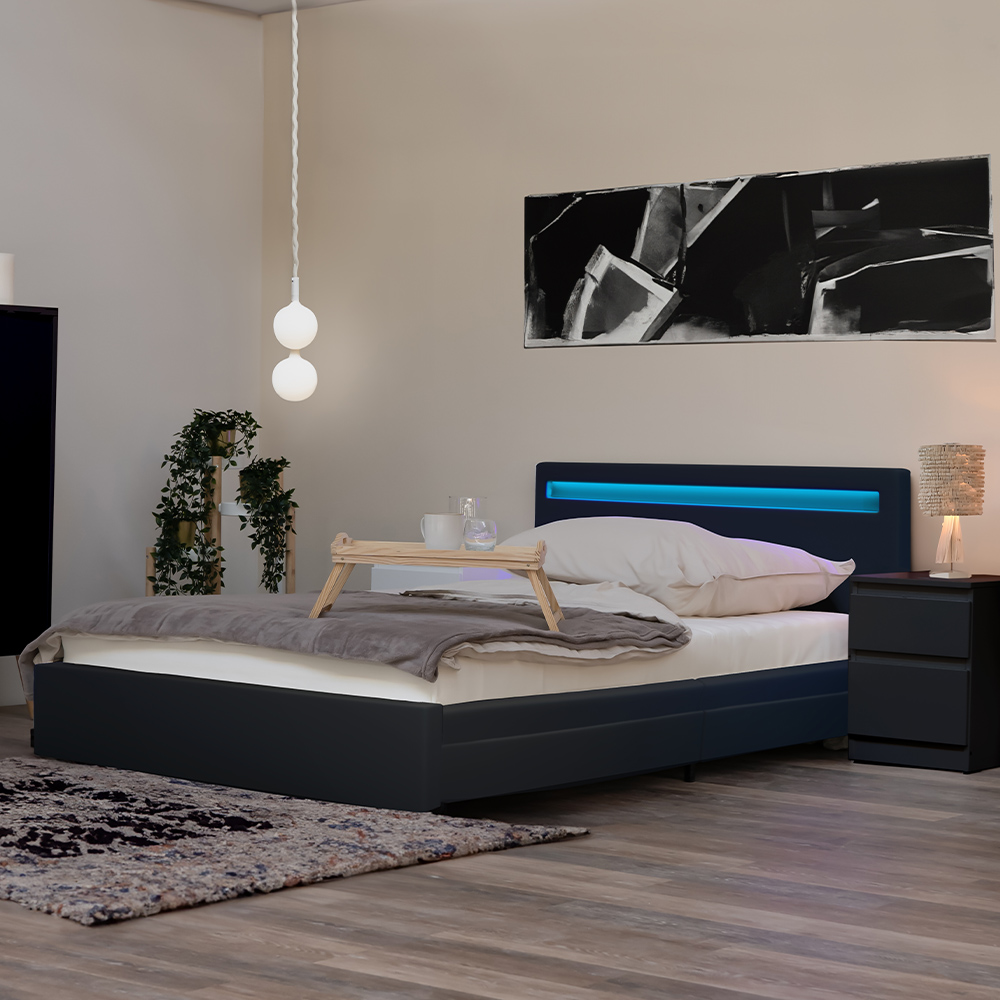 Cama LED con cajones y colchón nube - 180 x 200 cm gris oscuro