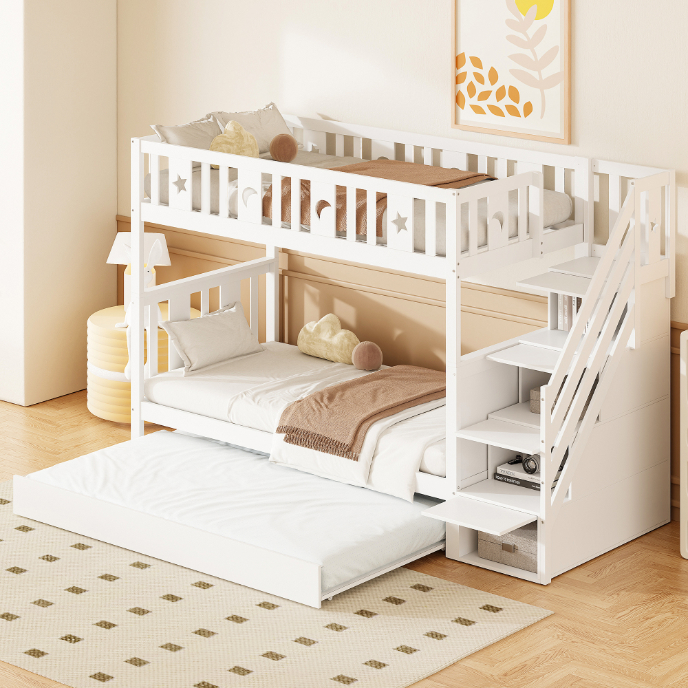 Litera 90x200cm con cama nido, escalera con almacenaje madera – blanco