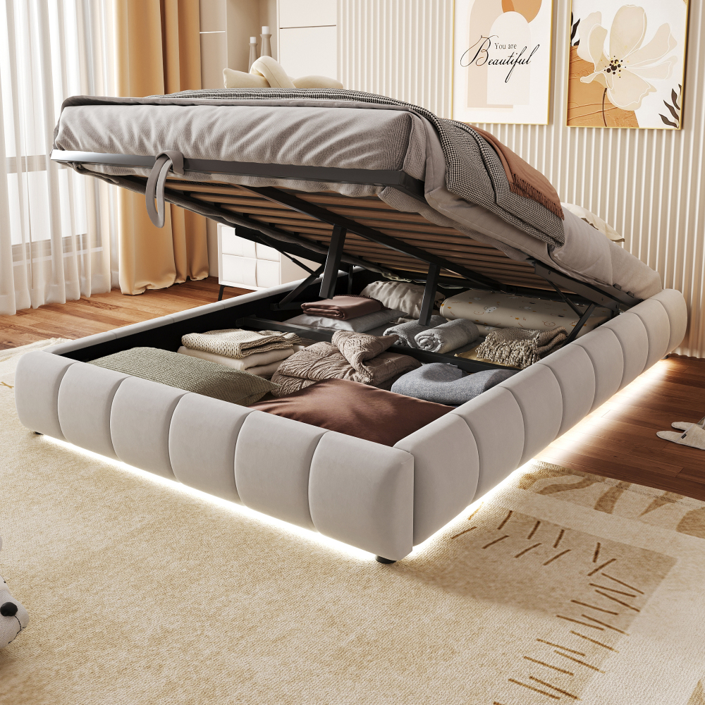 Cama juvenil tapizada 140x200cm con canapé hidráulico y LED franela – beige