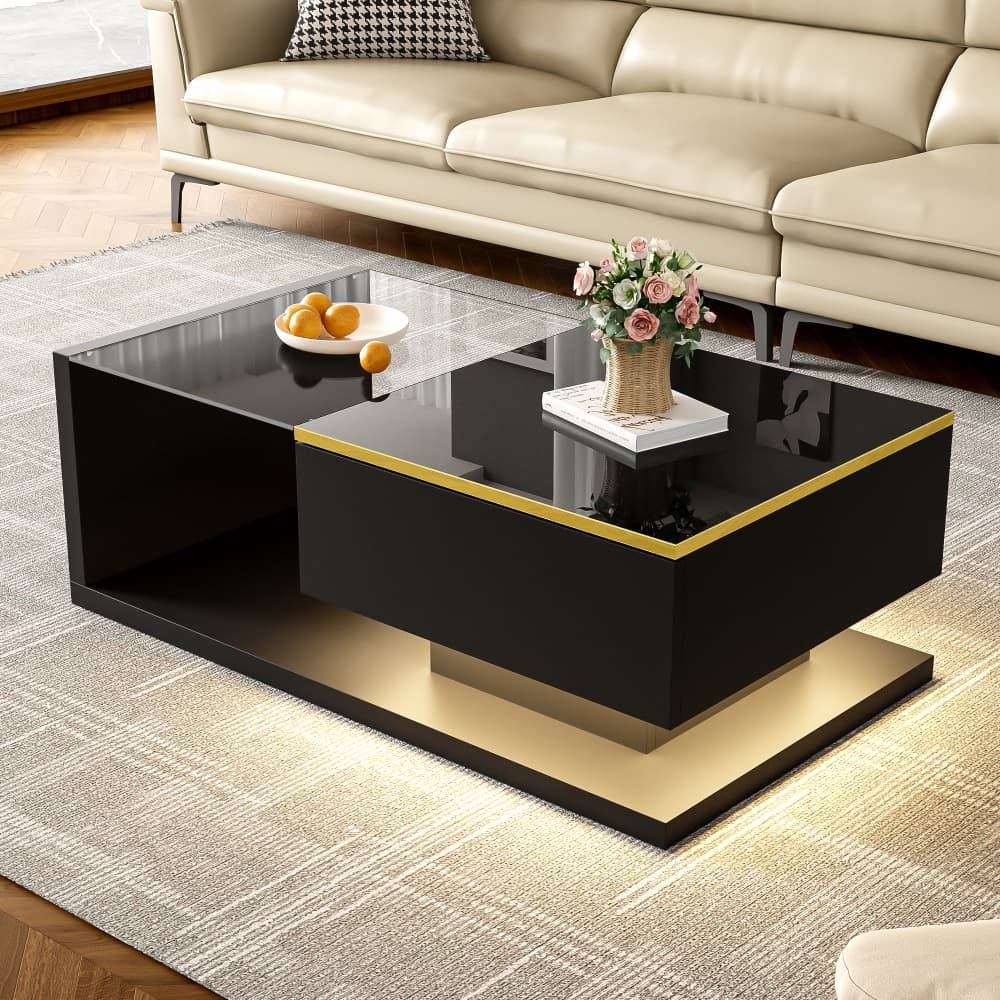 Mesa de centro con LED y cristal tablero de partículas negro 32,5x90x50cm