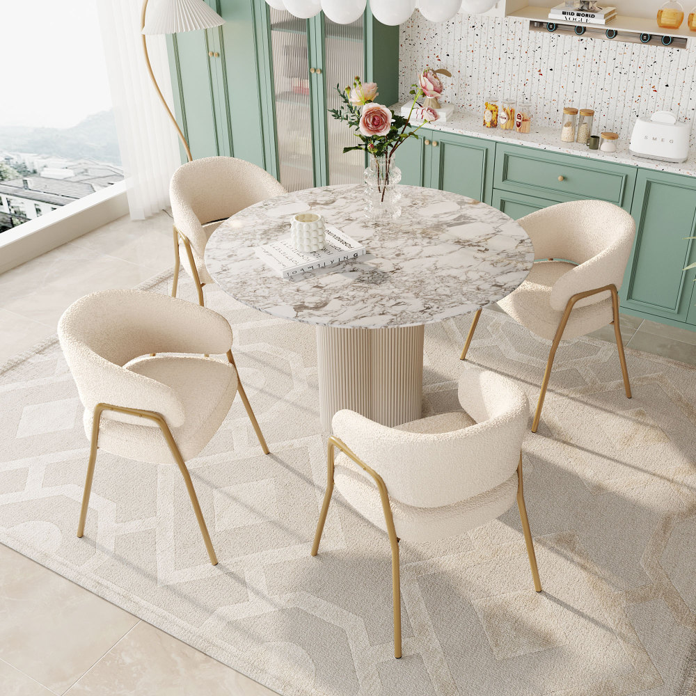Silla de comedor borreguito blanca con patas doradas para comedor y salón