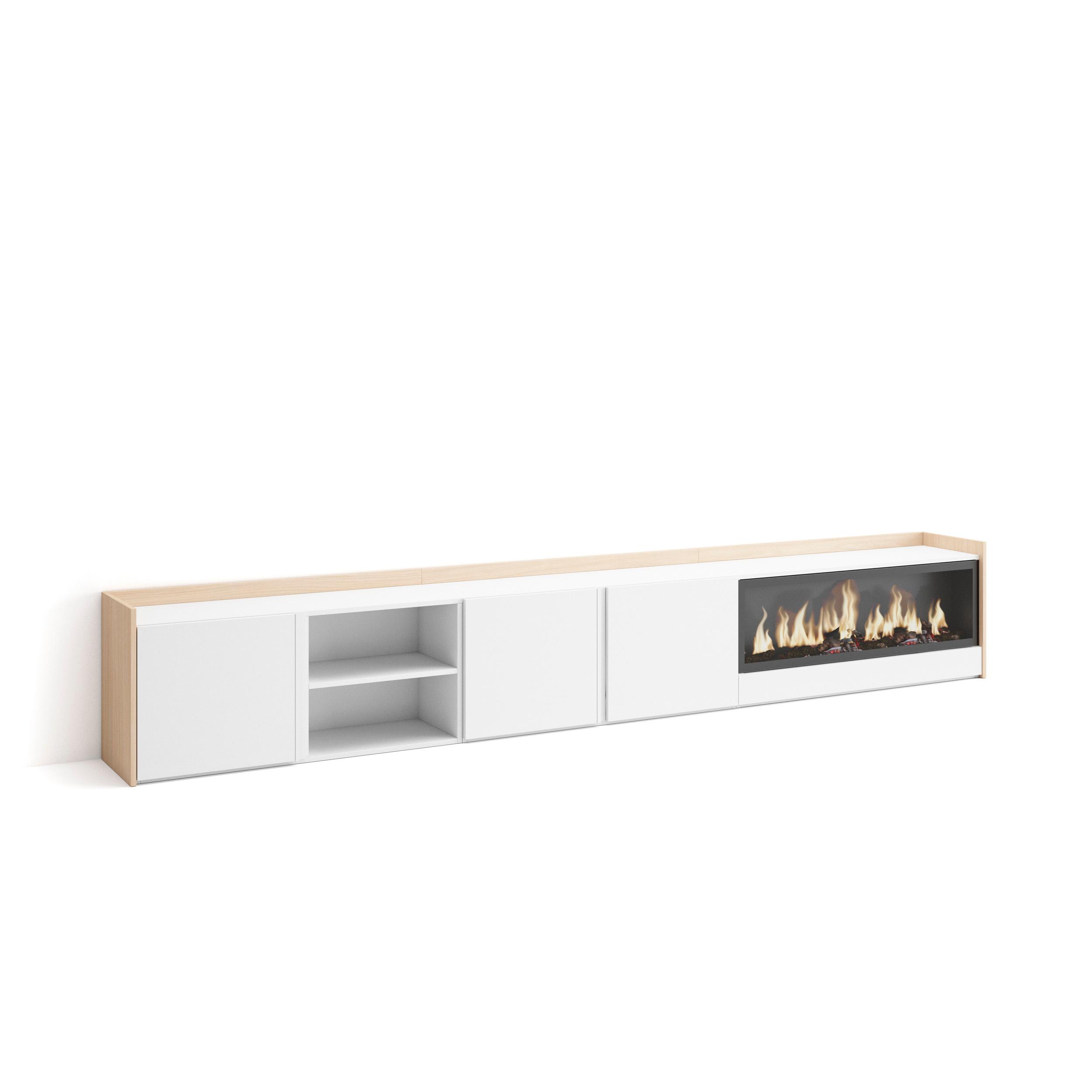 Mueble tv, 315x35x50cm, blanco y roble soft, chimenea eléctrica xxl rf4802
