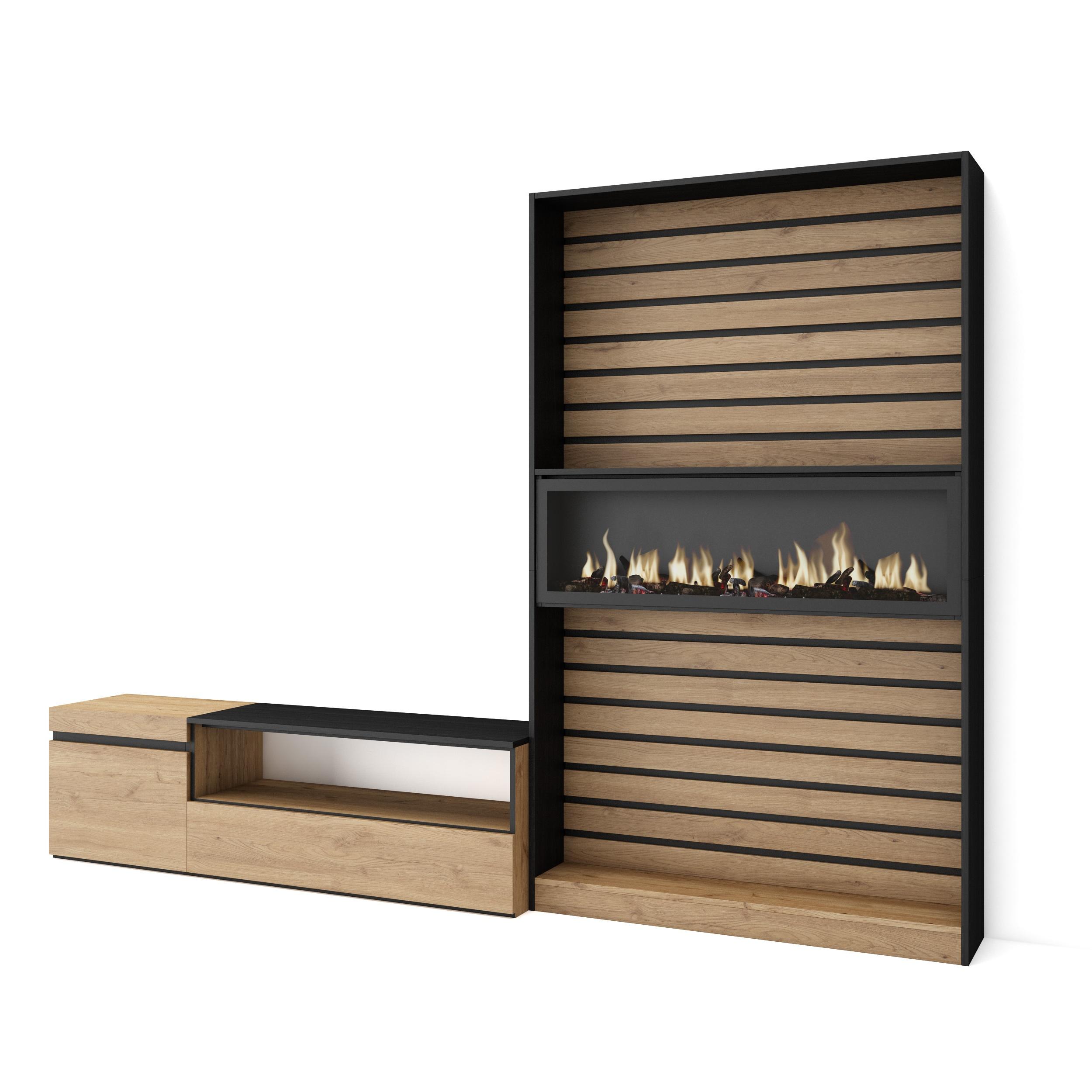 Muebles para tv, 260x35x186cm, roble y negro, chimenea eléctrica xxl rf2540