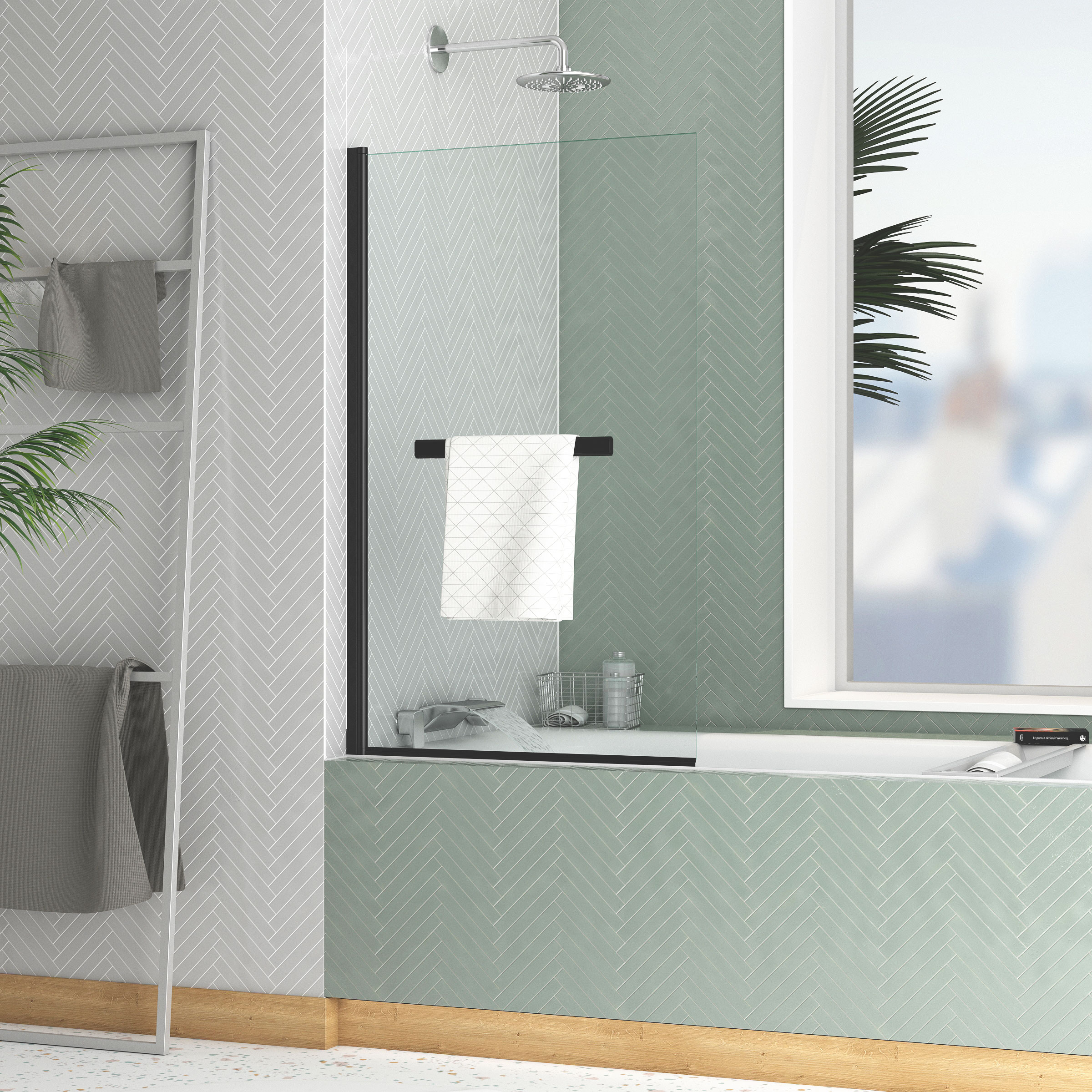 Mampara bañera abatible 70x120 cm + toallero negro mate