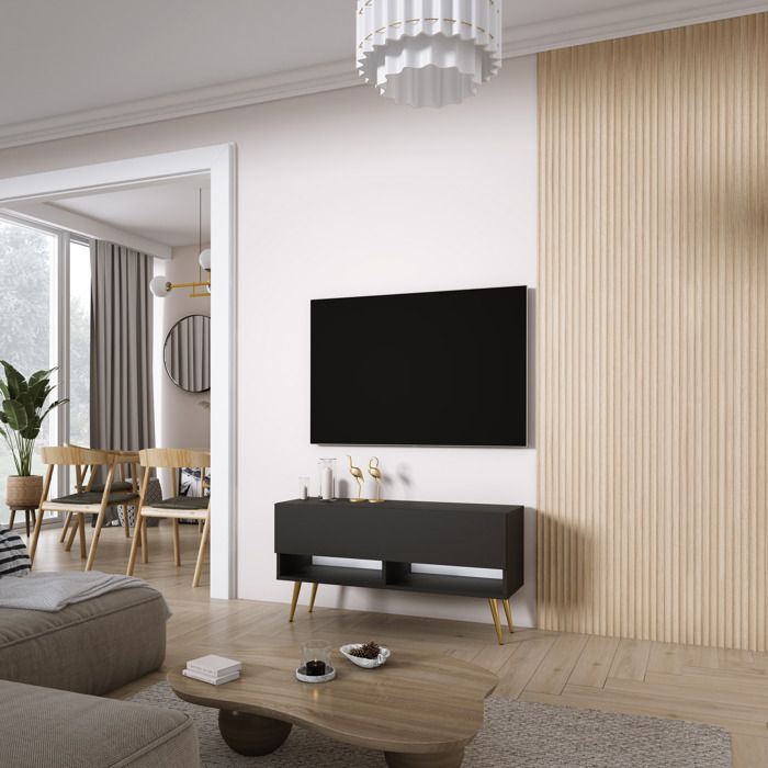 Mueble tv - negro mate, patas doradas - LED - 100 x 32 x 52 cm