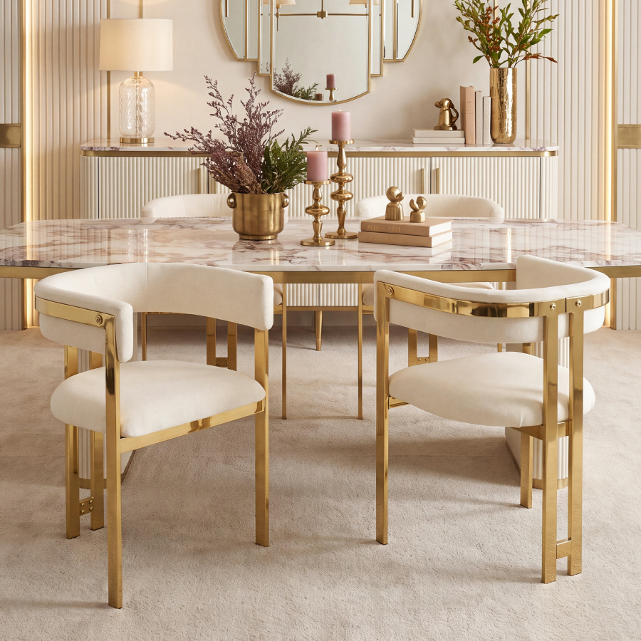 Silla de comedor tapizada en chenilla beige y dorado set de 4 para salón