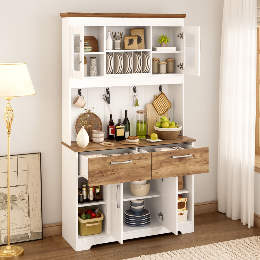 Aparador de cocina con vitrina 2 cajones blanco y natural 176,5x106x39cm