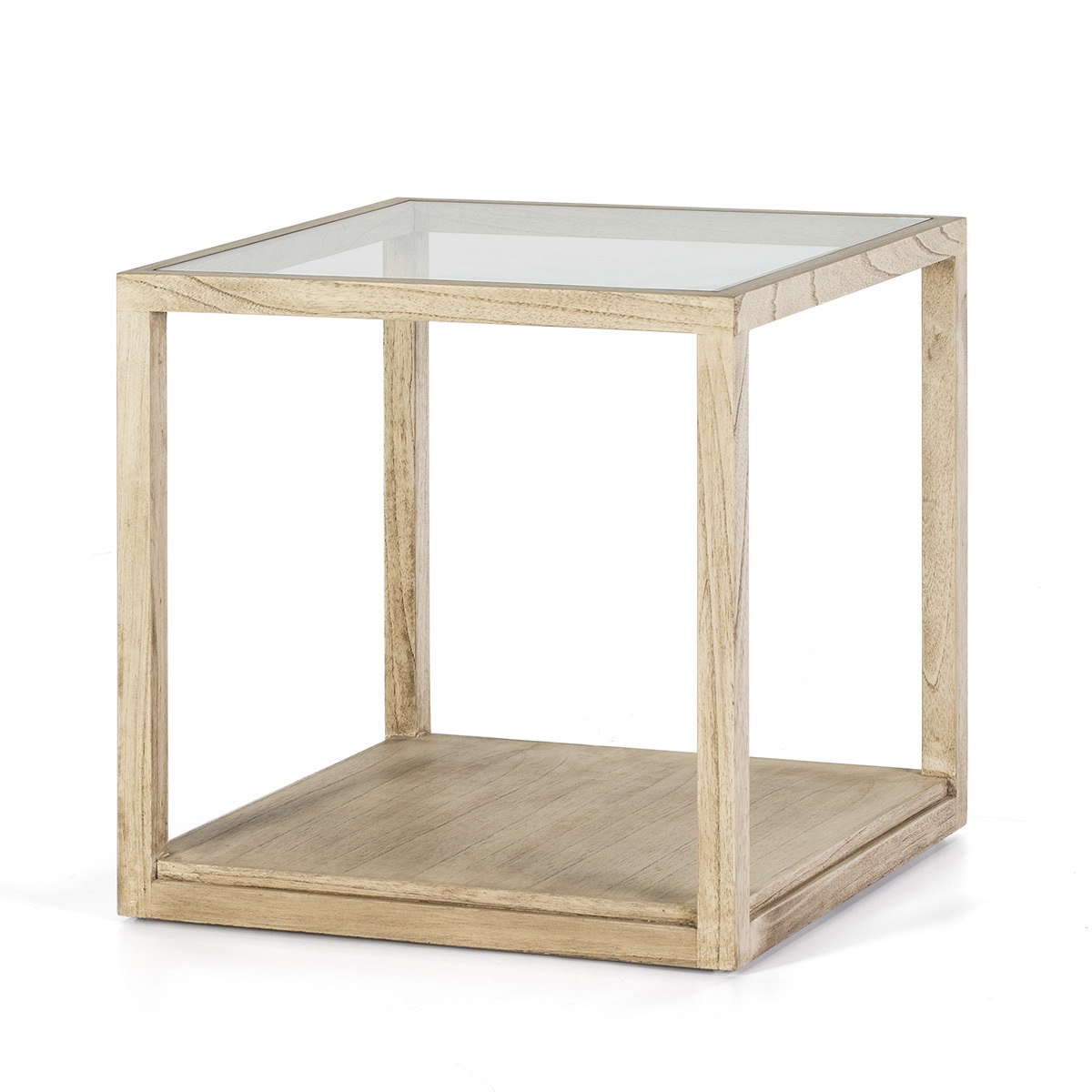 Mesa auxiliar 60x60x60 cristal, madera blanco velado