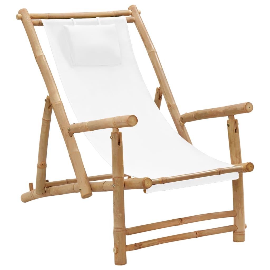 vidaXL silla de playa de bambú y lona blanco crema