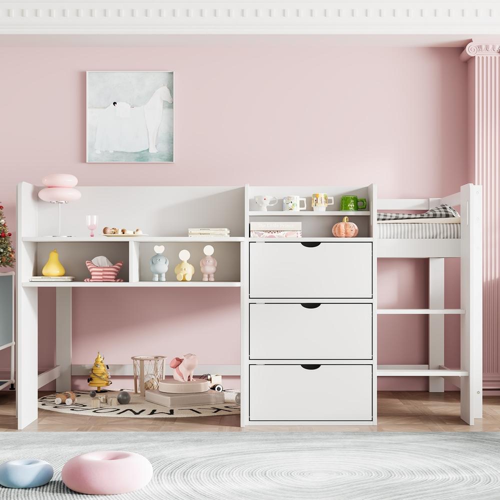 Cama alta casita 90x200cm con almacenaje y zona de juego, blanca