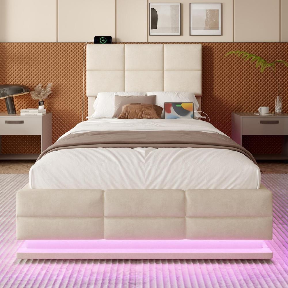 Cama con arcón hidráulico 90x200cm, terciopelo, LED rgb, usb-c, beige