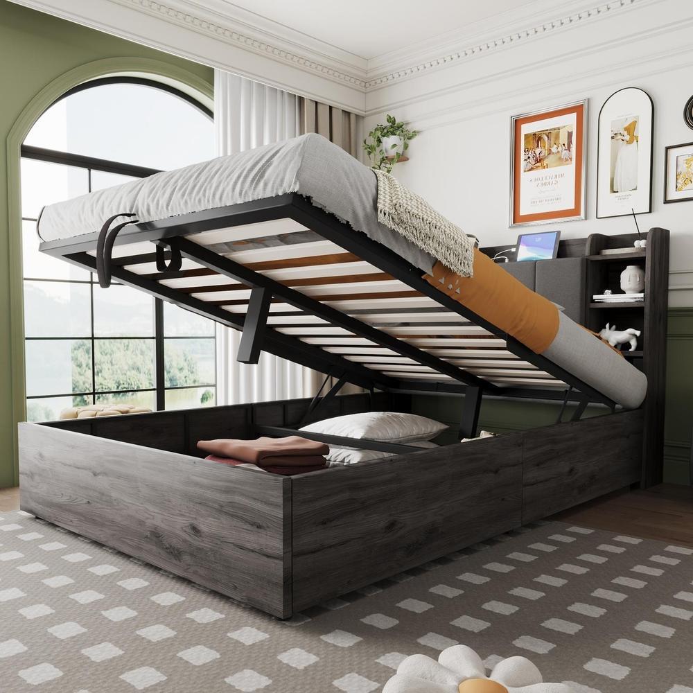 Cama doble de madera hidráulica 140x200cm con almacenaje usb-c, gris