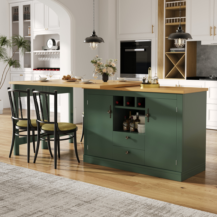 Mesa bar extensible giratoria con almacenaje verde antiguo 76x120-180x40cm