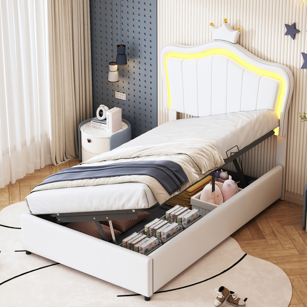 Cama infantil tapizada 90x200cm con canapé hidráulico y LED pu – blanco