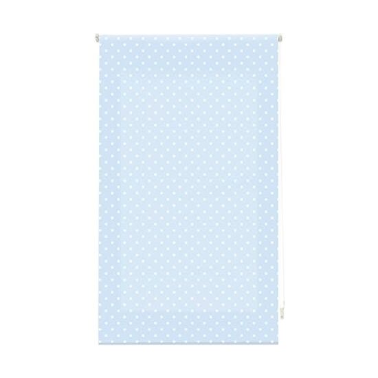 Estor enrollable premium 140x250 azul con motas blancas