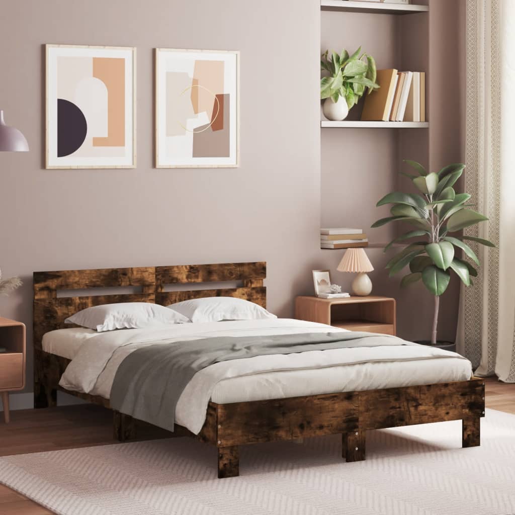 Cama cabecero y luces LED roble ahumado 120x190cm