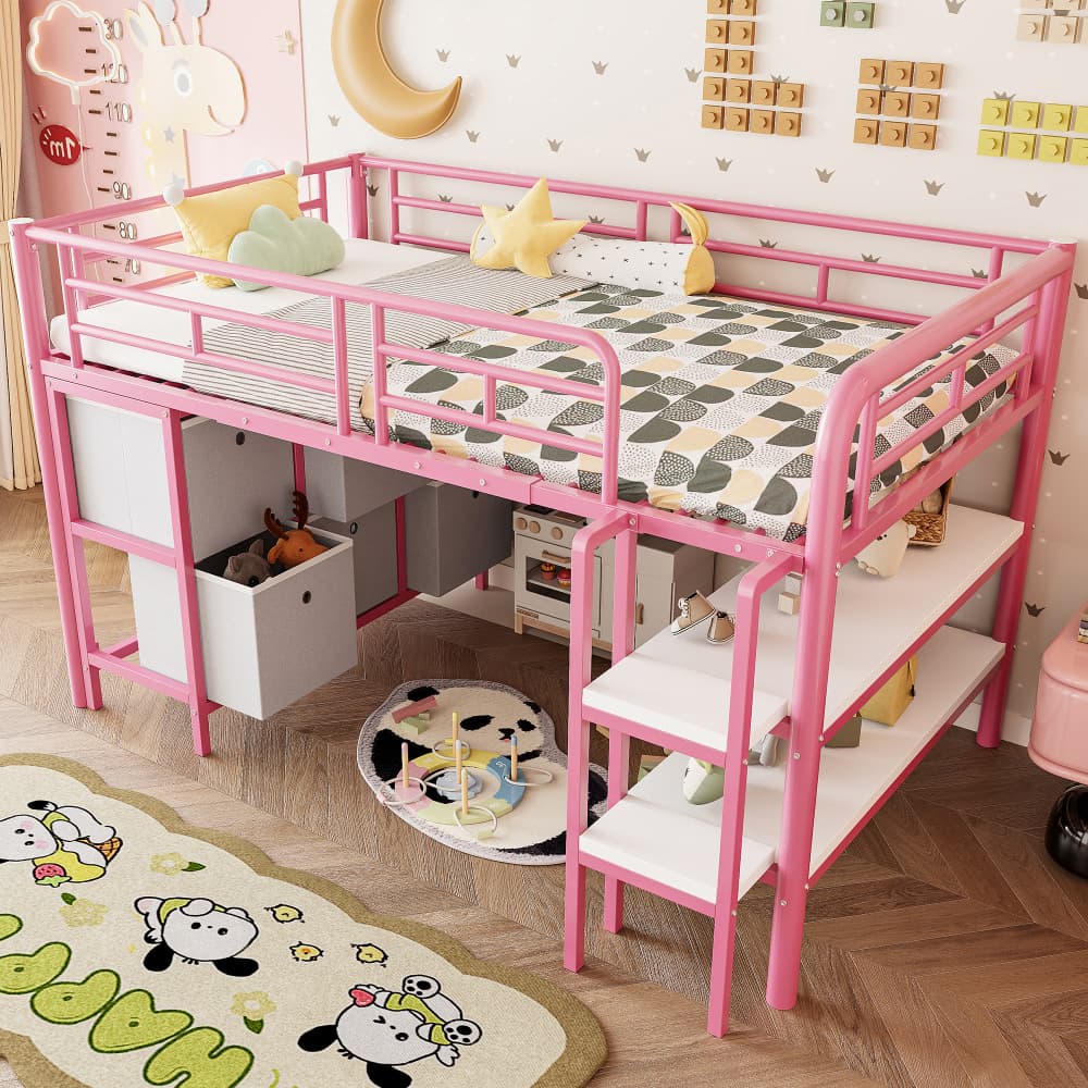 Litera baja 90x200cm con escalera, cajones y estantes metal – rosa