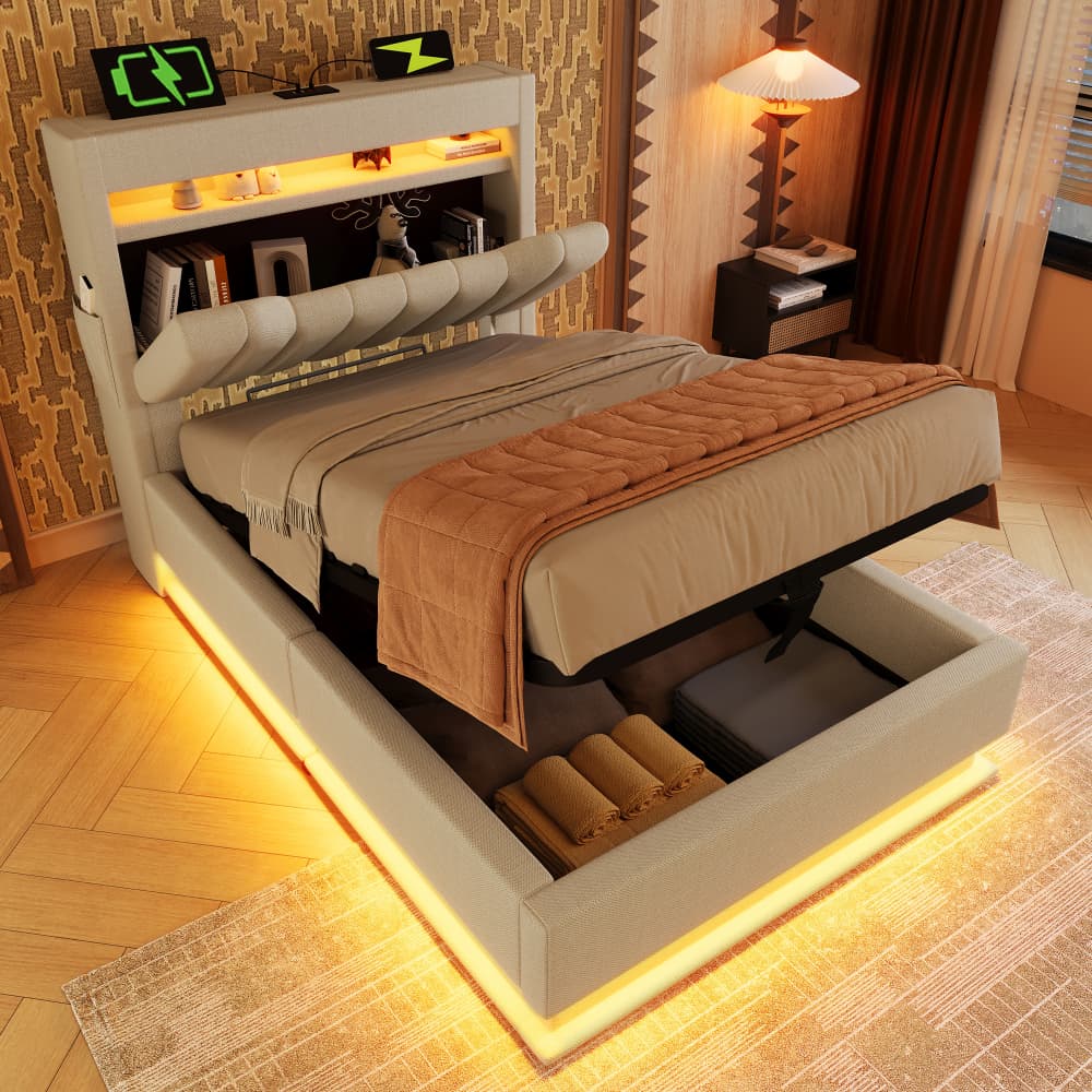 Cama tapizada 90x200 cm con LED, usb y canapé hidráulico lino – color beige