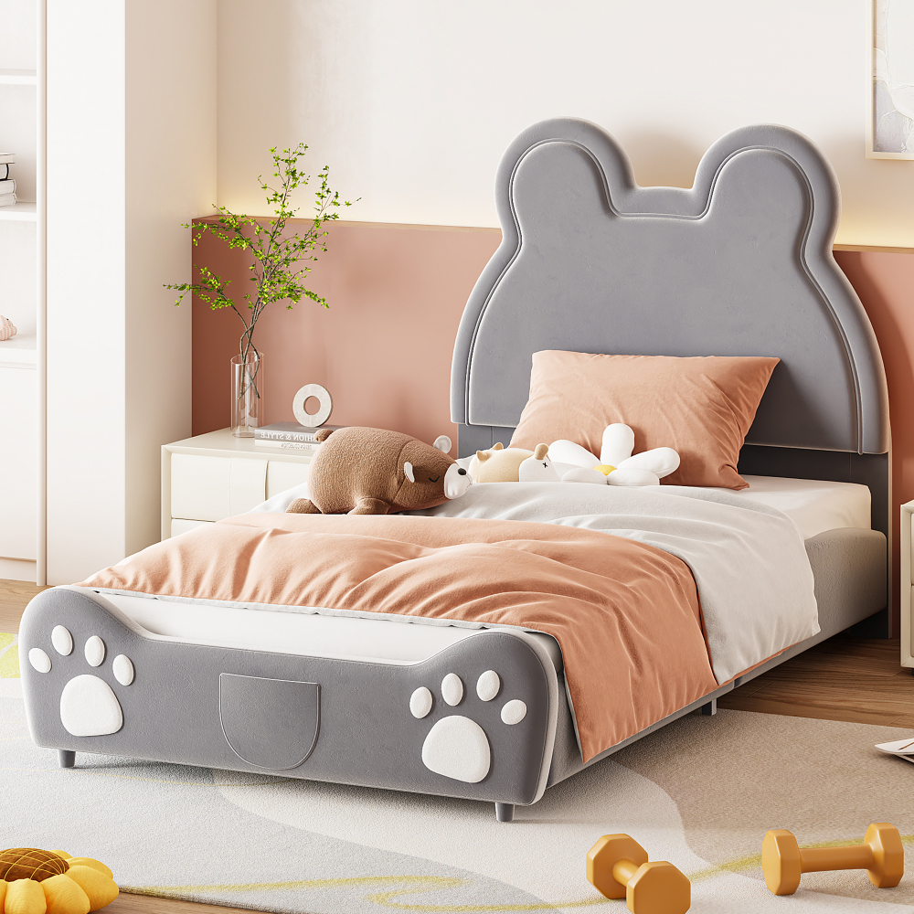 Cama individual tapizada 90x200cm con somier terciopelo – gris