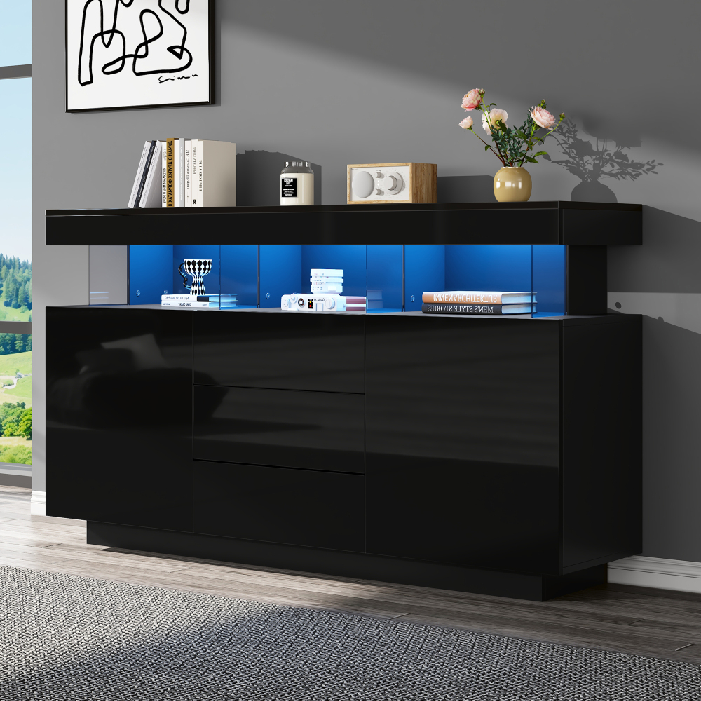 Aparador con 3 cajones y 2 puertas negro brillante con LED 80x140x35cm