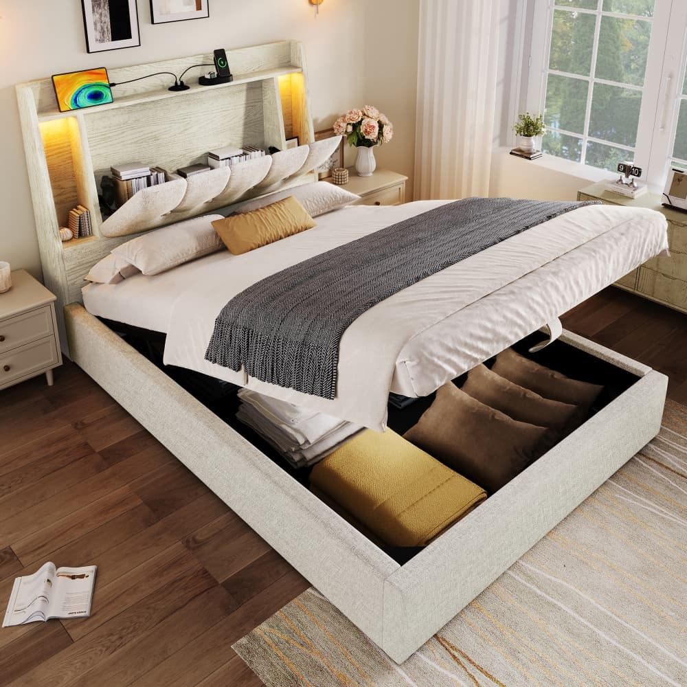 Cama tapizada 90x200 cm con LED, usb y almacenaje lino mdf – color beige