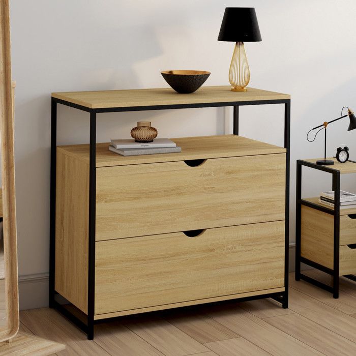 Cómoda industrial de madera y metal, 2 cajones, negro, 80 cm