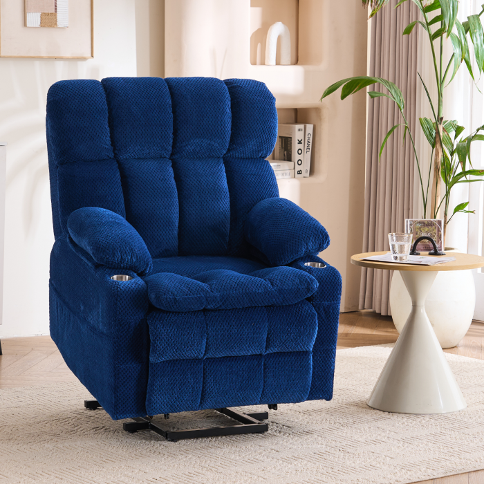 Sillón reclinable eléctrico azul con elevación, masaje y calor