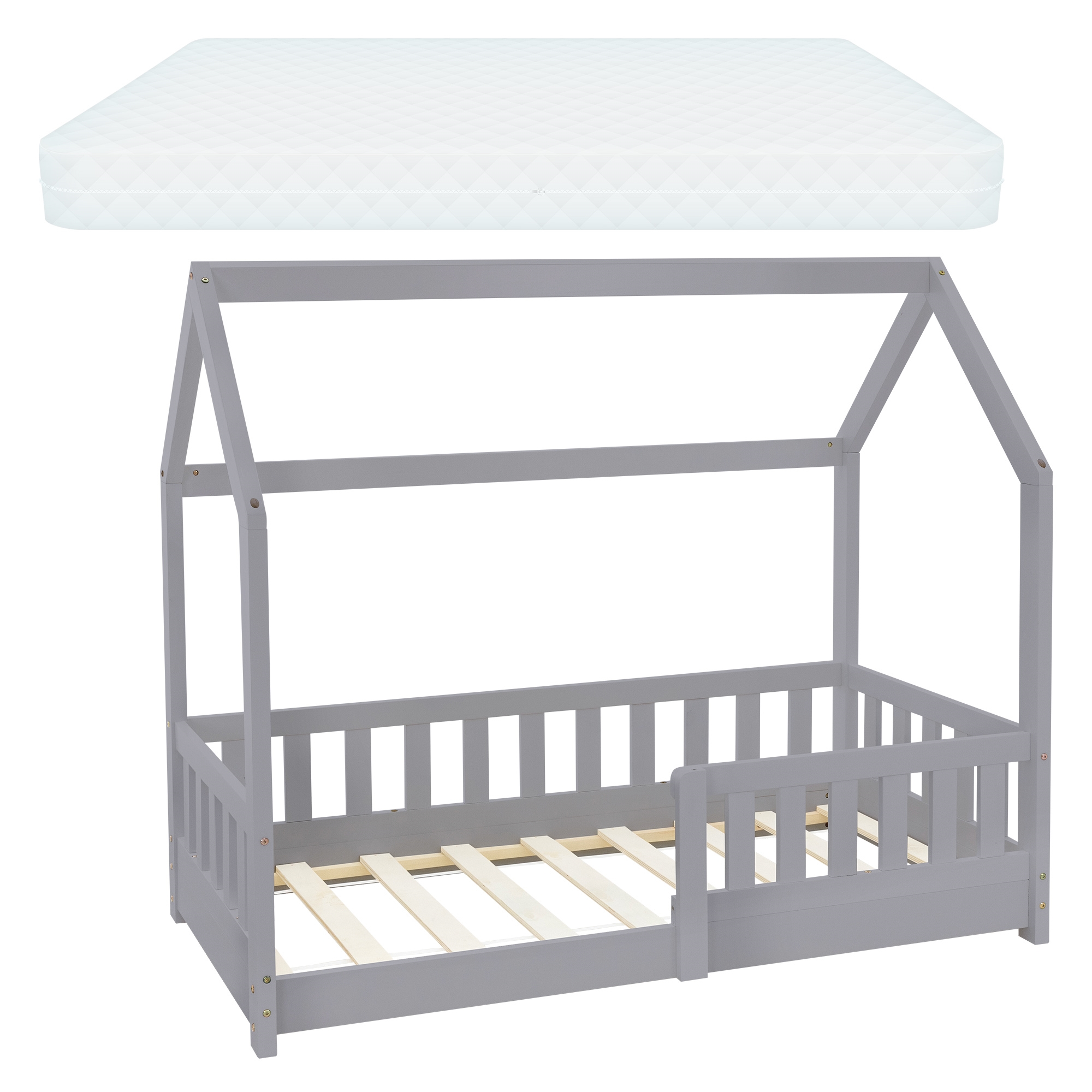 Cuna con somier y techo anticaída 70x140 cm gris claro ml-design
