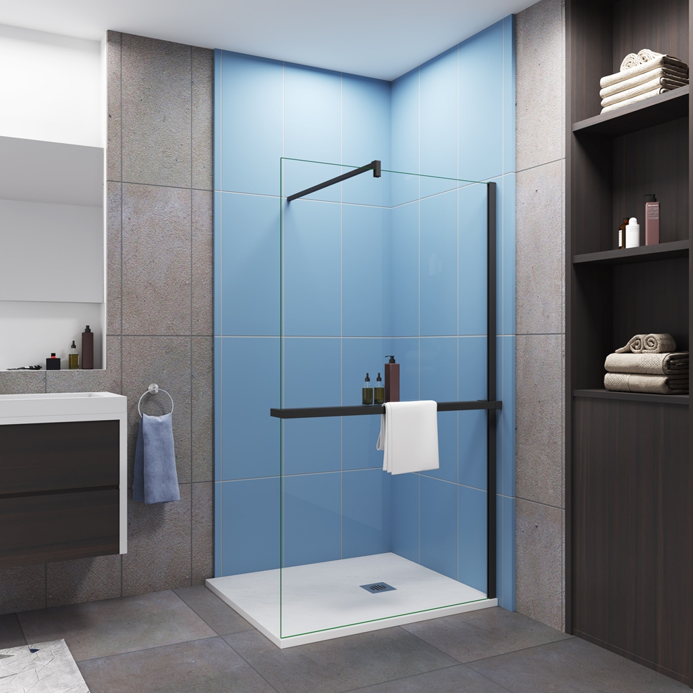 Mampara de ducha fija con estante-100x200cm-8mm antical-barra 140cm-negro