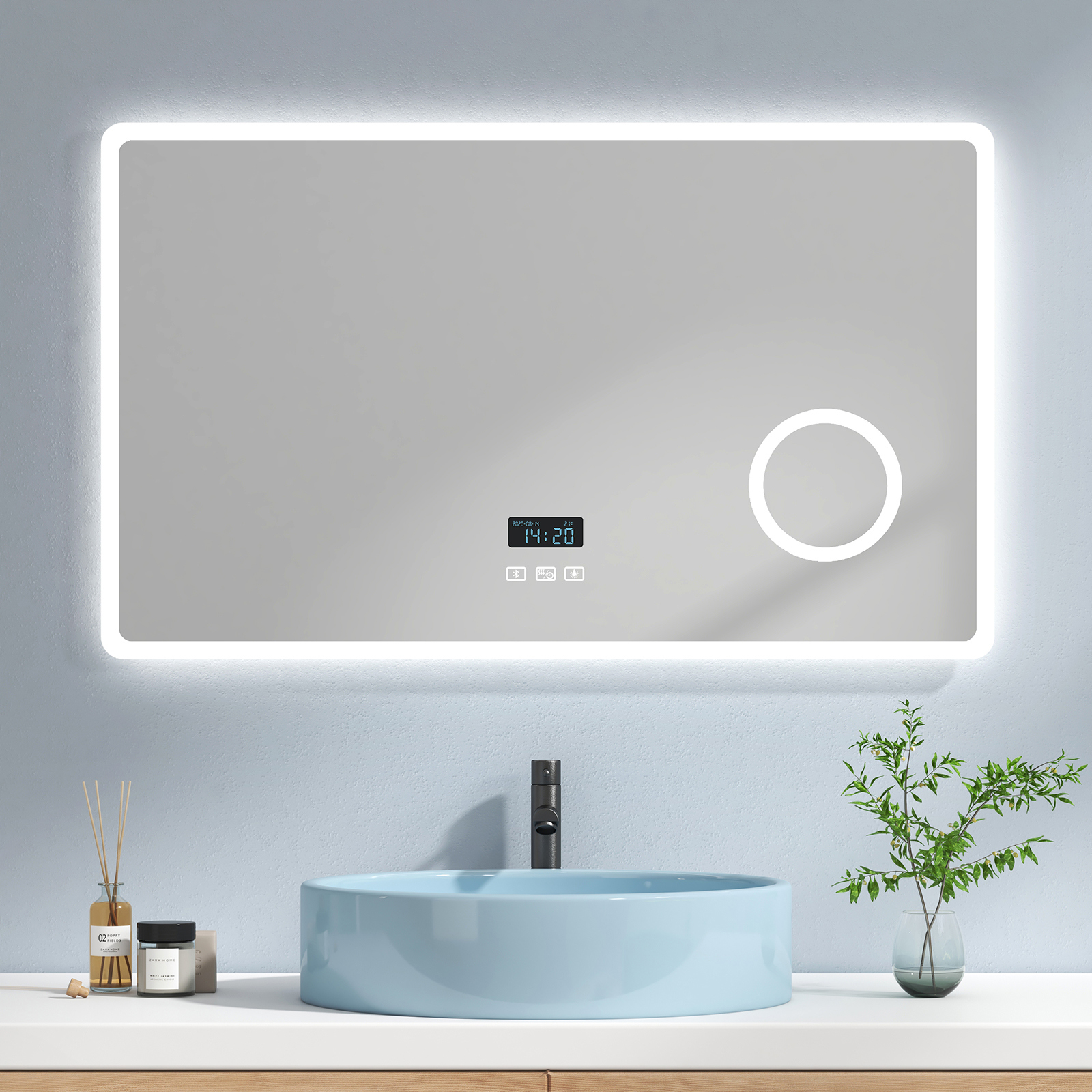 Emke espejo baño LED 3x lupa, ip44, 100x60 cm, 3 luces, táctil+antivaho+bt