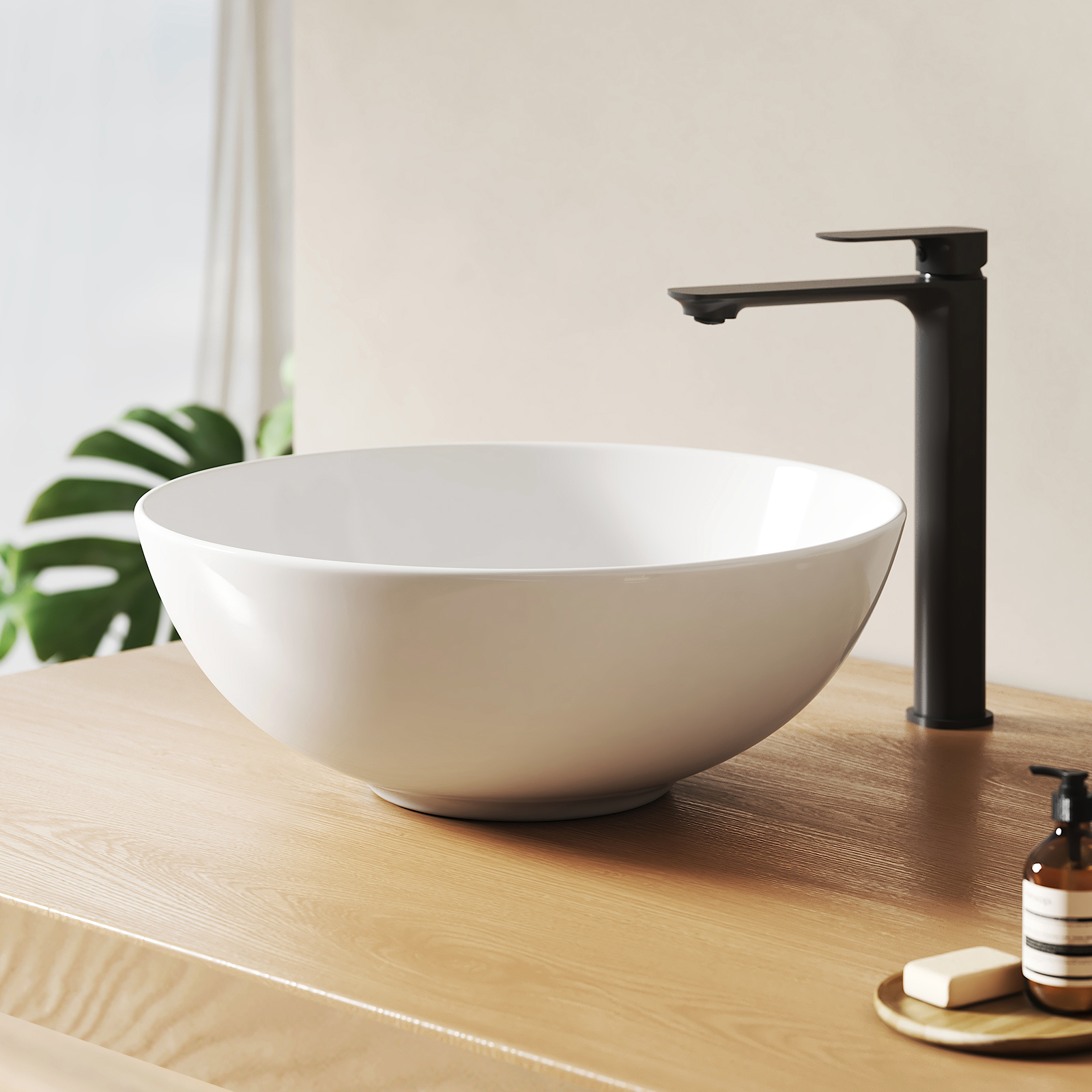 Emke lavabo redondo de encimera de cerámica 42x42x15.5cm, blanco brillante