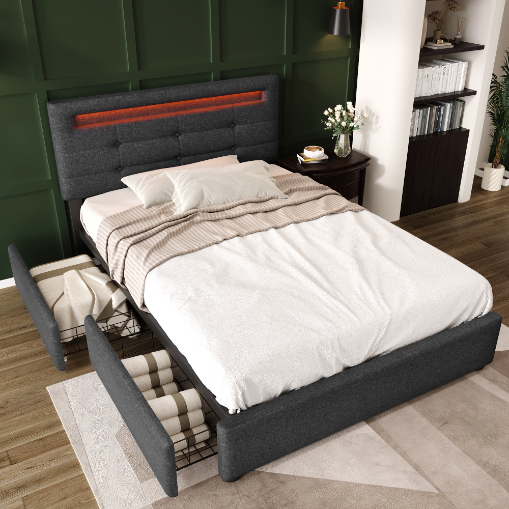 Cama tapizada 90x200 cm con LED y 2 cajones lino – color gris