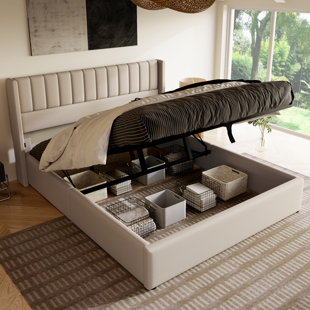 Cama tapizada 160x200cm con canapé hidráulico cabecero acolchado lino beige