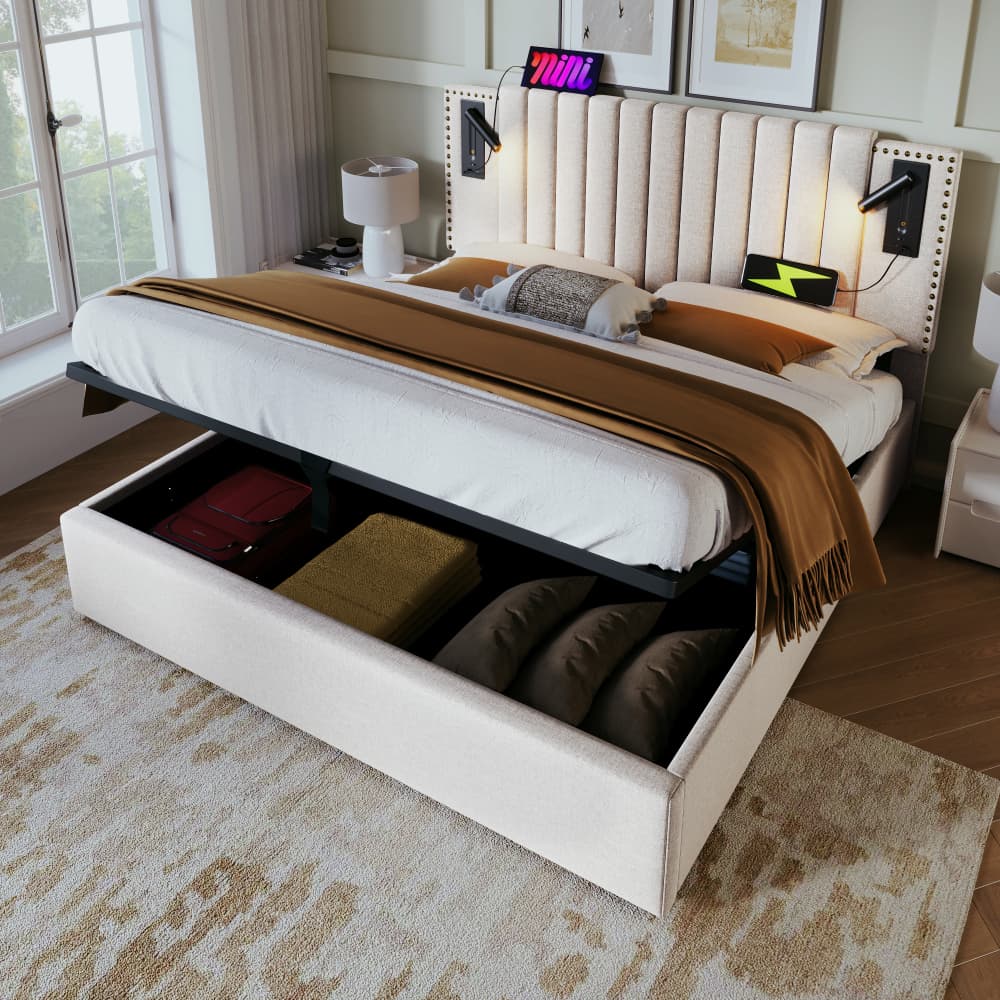 Cama tapizada 140x200cm con canapé hidráulico, luz y usb-c algodón – beige
