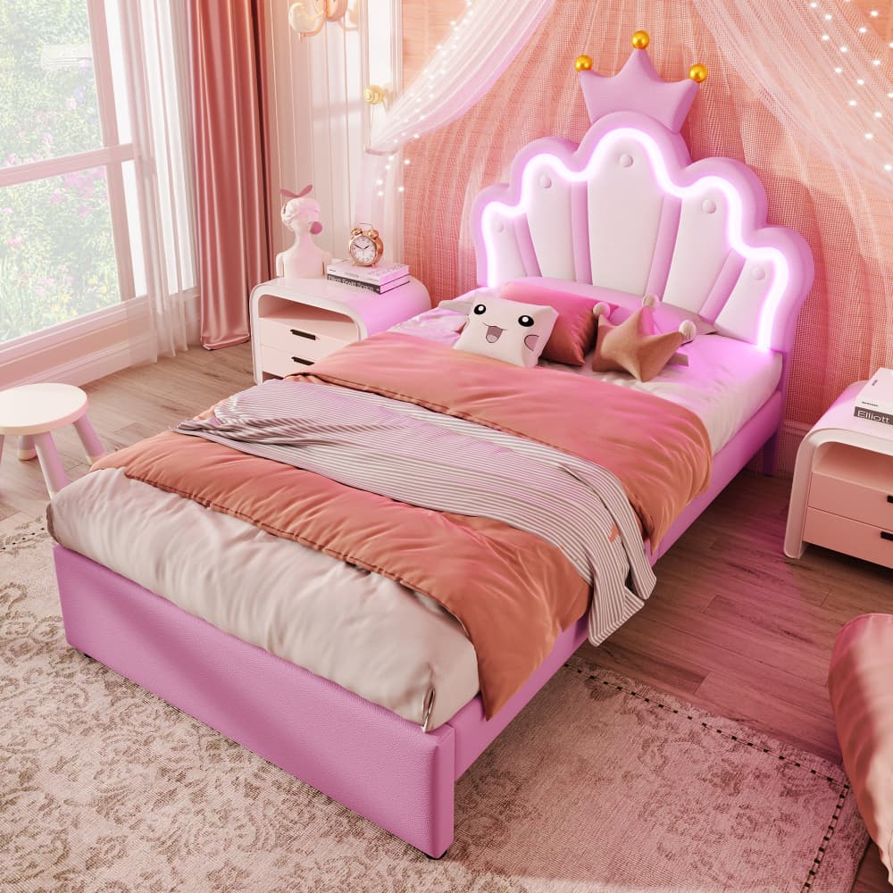 Cama tapizada 90x200 cm con LED y 2 cajones pu – color rosa