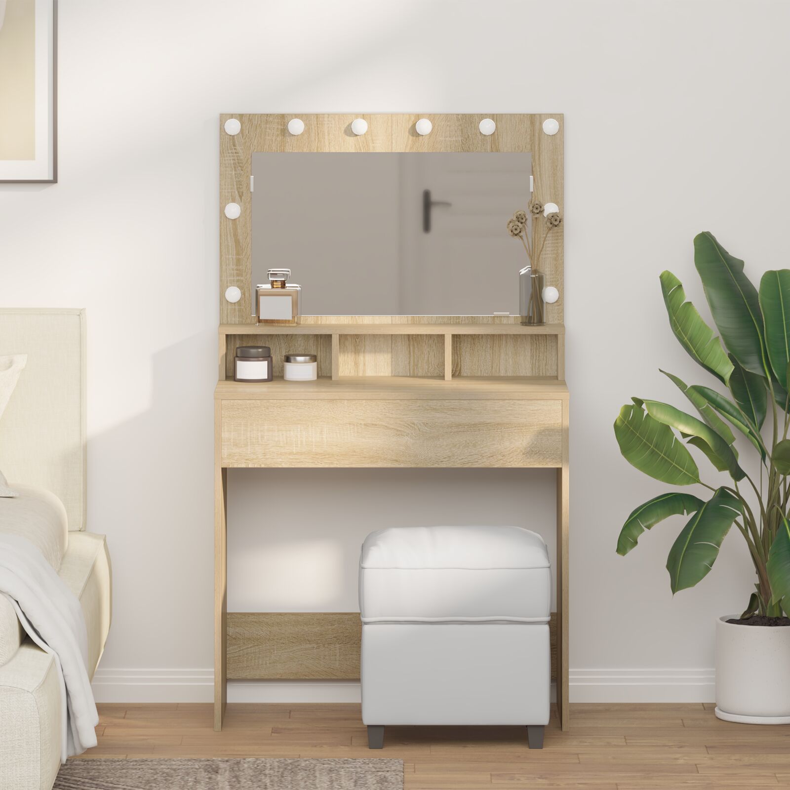 Mesa de maquillaje con luces LED roble sonoma 79x41x135 cm oif868969