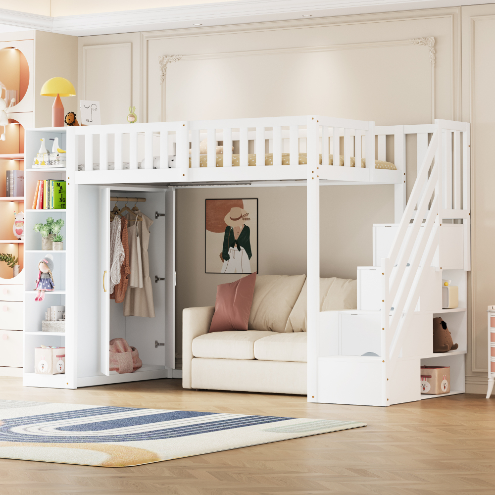Cama alta 90x200cm con armario, estantes y almacenaje madera – blanco
