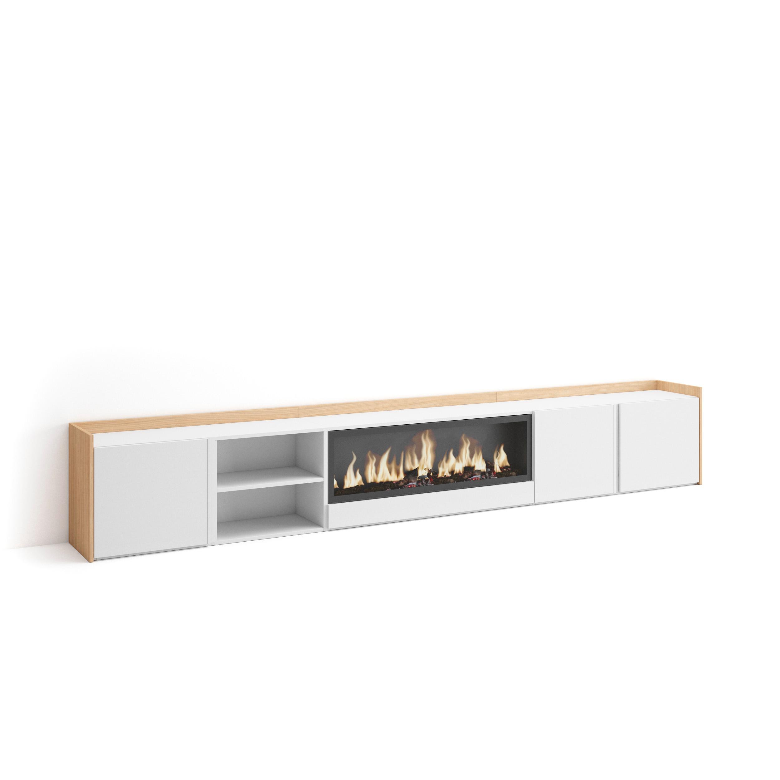 Mueble tv, 315x35x50cm, blanco y roble soft, chimenea eléctrica xxl rf4629