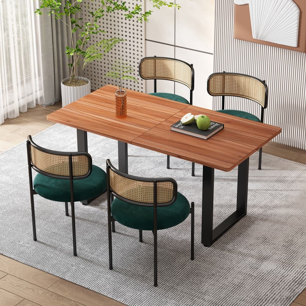 Conjunto de sillas de comedor terciopelo verde set de 4 con respaldo ratán