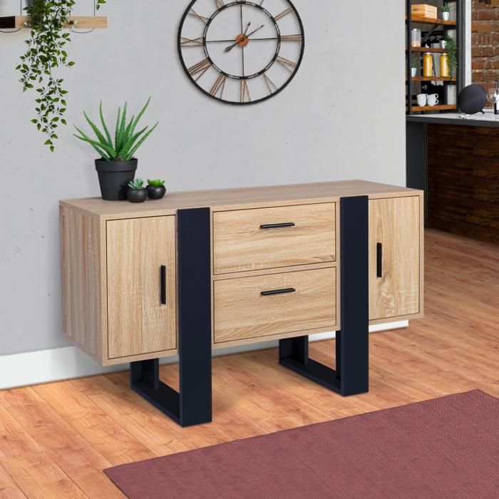 Aparador bajo industrial de madera negra, 2 puertas, 105 cm