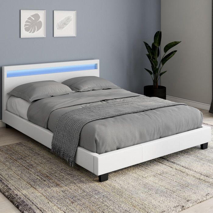 Cama doble LED PVC blanco - 140 x 190 cm