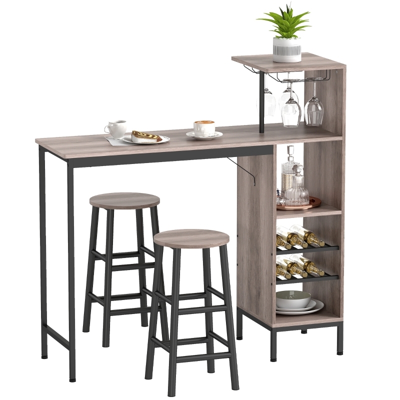 Conjunto de mesa alta y 2 taburetes gris con almacenaje