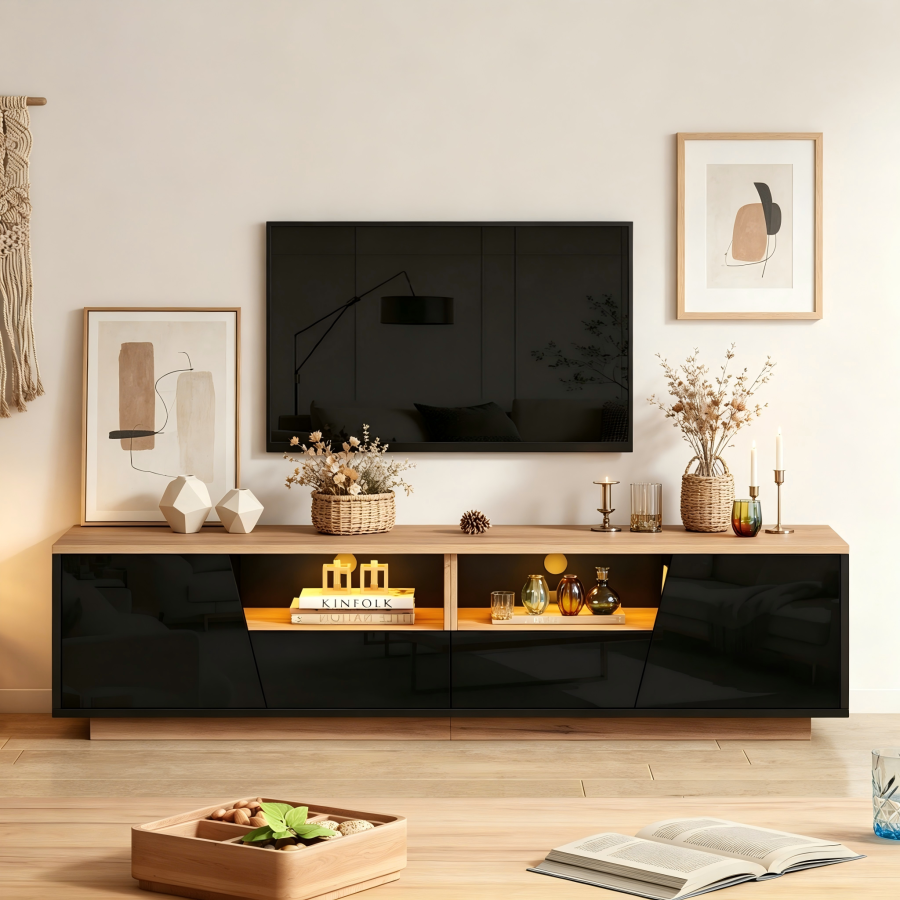 Mueble de tv con LED 2 puertas 2 cajones negro y madera 46x180x40cm