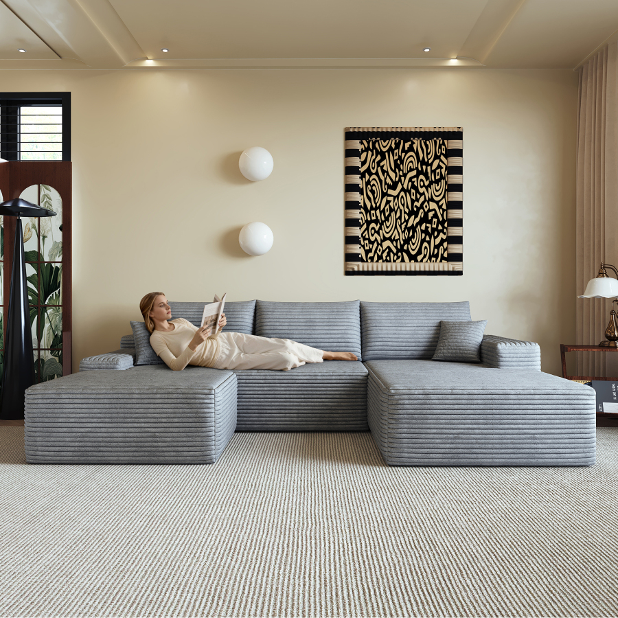 Sofá modular en l tela gris con chaise longue para salón