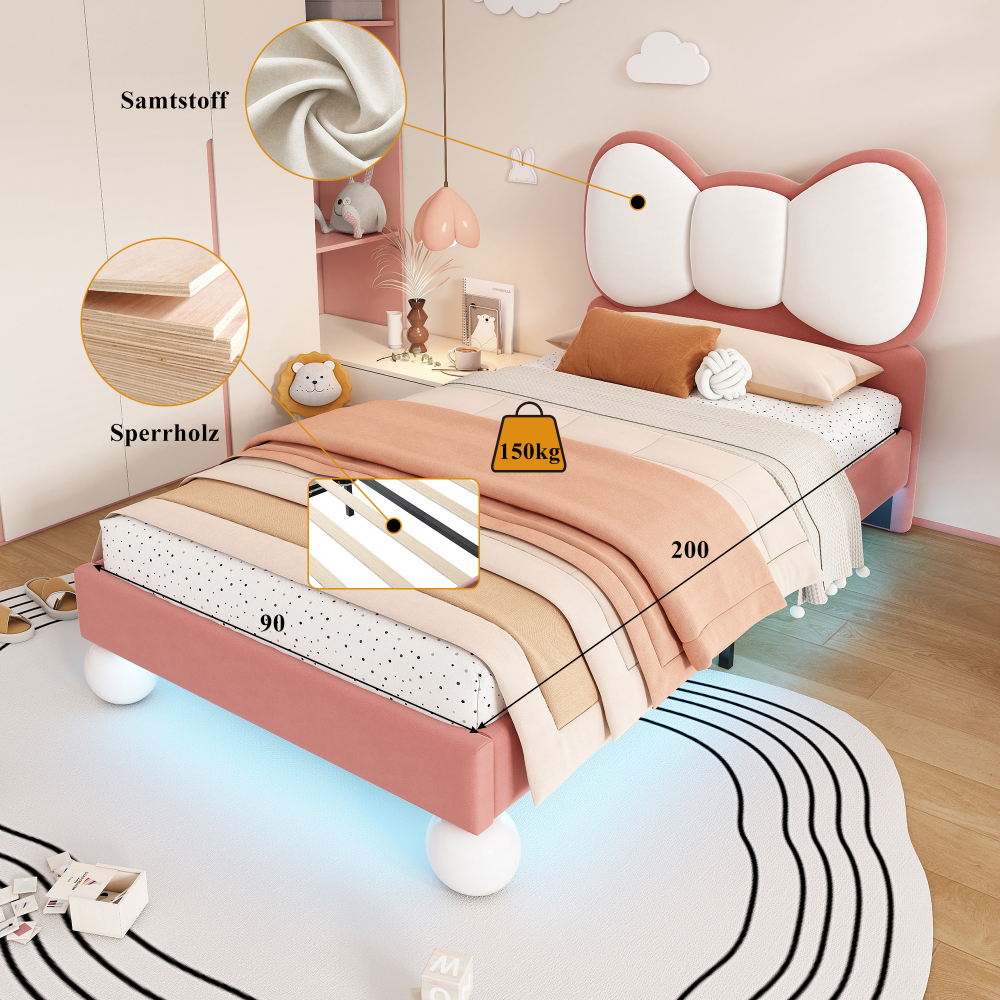 Cama infantil tapizada 90x200cm con LED y cabecero de lazo terciopelo rosa