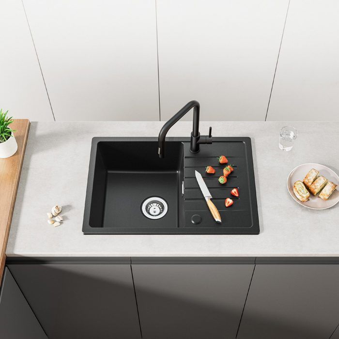 Fregadero de granito - negro antracita - 65x45cm - mezclador plegable - 1 c