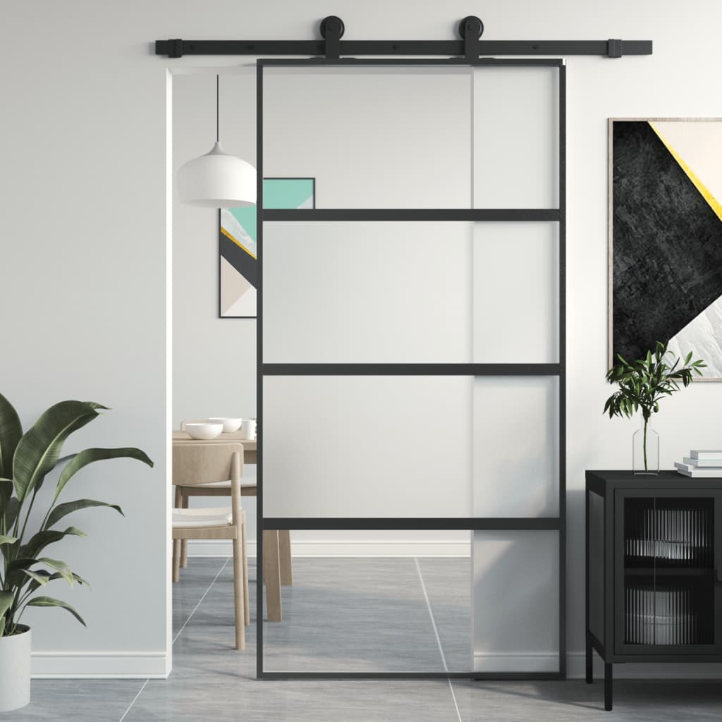 Puerta corredera vidrio templado y aluminio negra 102,5x205 cm esxt8781